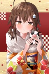 Rule 34 | 1girl, ahoge, blush, bottle, brown eyes, brown hair, checkered background, chinese zodiac, closed mouth, commentary request, cow, floral print, fur collar, hair between eyes, hair ornament, hands up, highres, holding, japanese clothes, kimono, komomo (ptkrx), long hair, long sleeves, looking at viewer, low twintails, milk bottle, obi, orange kimono, original, print kimono, sash, sidelocks, smile, solo, twintails, upper body, wide sleeves, year of the ox