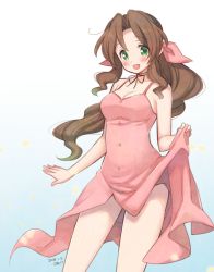 Rule 34 | 1girl, aerith gainsborough, bare arms, bare legs, blush, breasts, buttons, choker, cleavage, clothes lift, dress, dress lift, falling petals, final fantasy, final fantasy vii, gradient background, green eyes, hair ribbon, jacket, unworn jacket, krudears, long dress, medium breasts, open mouth, parted bangs, petals, pink dress, ponytail, ribbon, sidelocks, smile, solo