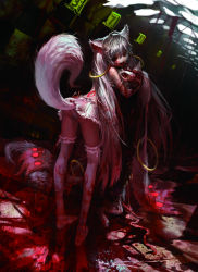Rule 34 | 10s, 1girl, animal ears, ass, blood, cannibalism, cat ears, decapitation, dutch angle, eating, from behind, guro, highres, indoors, kyubey, leaning forward, long hair, long legs, looking at viewer, looking back, mahou shoujo madoka magica, no shoes, off shoulder, open mouth, panties, pantyshot, personification, red eyes, skirt, standing, tail, thighhighs, thighs, twintails, underwear, very long hair, white hair, white panties, white thighhighs