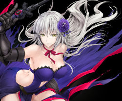 Rule 34 | 1girl, ahoge, arm up, armpits, ass, bare shoulders, black background, black gauntlets, blue dress, breasts, butt crack, choker, cleavage, clothes lift, dress, dress lift, fate/grand order, fate (series), female focus, floating hair, flower, gauntlets, hair between eyes, hair flower, hair ornament, holding, holding sword, holding weapon, jeanne d&#039;arc (fate), jeanne d&#039;arc alter (avenger) (fate), jeanne d&#039;arc alter (fate), kizuki aruchu, large breasts, long hair, looking at viewer, navel, neck, official alternate costume, parted lips, pelvic curtain, red choker, red ribbon, ribbon, ribbon choker, silver hair, simple background, solo, strapless, strapless dress, sword, torn clothes, torn dress, type-moon, weapon, wind, wind lift, yellow eyes
