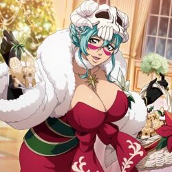 1girl aqua_hair basket black_gloves bleach bleach:_brave_souls breasts christmas christmas_tree cleavage clothes cookie dress facial_mark female_focus food fur-trimmed_dress fur_trim gloves green_hair hair_ornament huge_breasts indoors jewelry large_breasts looking_at_viewer mask mask_on_head necklace nelliel_tu_odelschwanck official_art open_mouth red_dress scar skull skull_hair_ornament smile solo solo_focus standing video_game