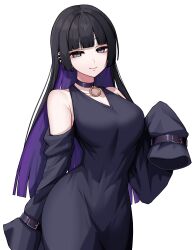 Rule 34 | 1girl, absurdres, bare shoulders, black choker, black dress, black hair, black sleeves, blunt bangs, bocchi the rock!, breasts, chin piercing, choker, closed mouth, colored inner hair, commentary, detached sleeves, dress, ear piercing, goth fashion, grey eyes, highres, kushinaka, large breasts, long hair, looking at viewer, multicolored hair, pa-san, piercing, purple hair, simple background, sleeves past fingers, sleeves past wrists, smile, solo, standing, white background