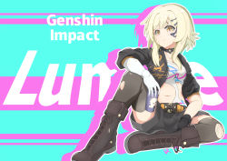 Rule 34 | 1girl, absurdres, alternate costume, belt, black shorts, black thighhighs, blonde hair, boots, bottle, brown eyes, brown footwear, casual, character name, choker, collarbone, commentary request, copyright name, eyes visible through hair, genshin impact, hair between eyes, highres, holding, knee boots, looking at viewer, lumine (genshin impact), midriff, navel, paimon (genshin impact), prosthesis, prosthetic arm, short hair, short hair with long locks, shorts, sitting, solo, thighhighs, torn clothes, torn thighhighs, xianyu fanshen qian, zettai ryouiki
