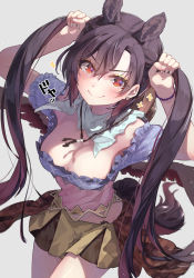 Rule 34 | 1girl, animal ears, black hair, black wings, blush, breasts, brown skirt, cleavage, closed mouth, commentary request, cowboy shot, dutch angle, earrings, grey background, hair between eyes, hand in own hair, hat, highres, holding, holding own hair, horse ears, horse tail, jewelry, kurokoma saki, long hair, looking at viewer, medium breasts, pink shirt, red eyes, scarf, shirt, simple background, skirt, smile, solo, sparkle, standing, syuri22, tail, touhou, twintails, unworn hat, unworn headwear, v-shaped eyebrows, very long hair, wings