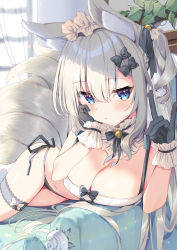 Rule 34 | 1girl, \n/, absurdres, animal ears, bare arms, bare shoulders, bikini, black bikini, black bow, black gloves, blue eyes, bow, bowtie, breasts, brooch, cleavage, closed mouth, commentary, detached collar, drill hair, expressionless, fox ears, fox girl, fox tail, gloves, hair bow, hand on own cheek, hand on own face, hands up, headdress, highres, holding, holding strap, jewelry, kitsune, lace trim, large breasts, long hair, looking at viewer, lying, mismatched bikini, multiple tails, natsuki marina, navel, on side, one side up, original, side-tie bikini bottom, solo, stomach, string bikini, swimsuit, tail, thigh strap, thighs, white bikini, white hair, wrist cuffs