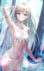 Rule 34 | 1girl, absurdres, aqua eyes, arm up, armlet, armpits, backlighting, bare shoulders, bikini, blonde hair, blush, breasts, choker, circlet, collarbone, cowboy shot, dancer, earrings, gradient hair, green hair, highres, jewelry, looking at viewer, midori matsukaze, multicolored hair, navel, o-ring, original, parted lips, petals, sarong, see-through, single earring, small breasts, solo, stomach, swimsuit, wading, water, white bikini, white choker