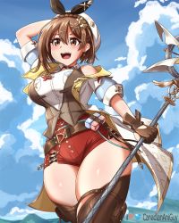 Rule 34 | 1girl, :d, atelier (series), atelier ryza, atelier ryza 3, breasts, brown eyes, brown gloves, brown hair, brown thighhighs, canadiananiguy, cowboy shot, day, gloves, hand on headwear, hat, highres, holding, holding staff, large breasts, open mouth, outdoors, red shorts, reisalin stout, short shorts, shorts, smile, solo, staff, thick thighs, thighhighs, thighs, walking, white hat