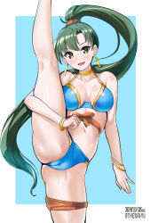 Rule 34 | 1girl, absurdres, aegis (nerocc), bikini, blue bikini, bracelet, breasts, cameltoe, earrings, fire emblem, fire emblem: the blazing blade, green eyes, green hair, highres, jewelry, long hair, looking at viewer, lyn (fire emblem), lyn (summer) (fire emblem), medium breasts, nintendo, open mouth, partially visible vulva, ponytail, smile, solo, split, standing, standing on one leg, standing split, swimsuit, very long hair