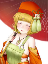 Rule 34 | 1girl, :d, absurdres, bandeau, blonde hair, blush, breasts, cleavage, closed eyes, detached sleeves, dress, facing viewer, green dress, hair ornament, hat, highres, holding, holding umbrella, japanese clothes, jewelry, kimono, kozue akari, long sleeves, medium hair, necklace, oil-paper umbrella, open mouth, orange bandeau, red hat, red umbrella, sen rikyuu, sengoku otome, simple background, smile, solo, tassel, tassel hair ornament, umbrella, upper body, white background, wide sleeves