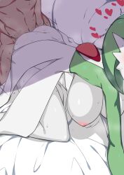 Rule 34 | 1boy, 1girl, all fours, bed sheet, blush, breasts, breath, colored skin, creatures (company), game freak, gardevoir, gen 3 pokemon, green hair, green skin, hanging breasts, head out of frame, heart, hetero, highres, interspecies, kuro mushi, large breasts, motion lines, multicolored skin, nintendo, nipples, on bed, pillow, pokemon, pokemon (creature), sex, sex from behind, short hair, solo focus, standing, steam, steaming body, sweat, trembling, two-tone skin, white skin