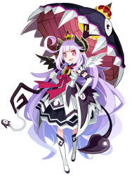 Rule 34 | 1girl, ahoge, boots, bow, crown, demon girl, dress, elbow gloves, full body, gloves, hand on own hip, horns, huge ahoge, knee boots, long hair, makai shin trillion, mini crown, nanameda kei, official art, pink bow, purple hair, red eyes, ribbon, ruche, simple background, smile, solo, standing, tail, umbrella, white background