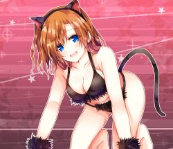 Rule 34 | 10s, 1girl, :d, all fours, animal ears, arm support, barefoot, bikini, blue eyes, blush, breasts, cat day, cat ears, cat tail, cleavage, fujisaki kyouya, fur trim, kosaka honoka, large breasts, looking at viewer, love live!, love live! school idol project, one side up, open mouth, orange hair, short hair, side ponytail, smile, solo, swimsuit, tail