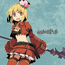 Rule 34 | 1girl, :d, belt, blonde hair, breasts, cleavage, fantasy earth zero, female focus, fez hat, film grain, flower, front-tie top, garter straps, hair flower, hair ornament, jacket, melampus, midriff, navel, open mouth, purple eyes, red thighhighs, short hair, skirt, sleeves past wrists, smile, solo, staff, tanaka (cow), thighhighs, wizard