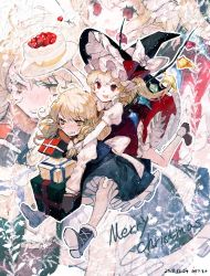 Rule 34 | 2girls, :3, :p, arm up, artist name, black footwear, black gloves, black hat, black skirt, black vest, blonde hair, boots, bow, box, braid, cake, clenched teeth, commentary, crystal, dated, dress, flandre scarlet, food, full body, gift, gift box, gloves, hair between eyes, hair bow, hat, hat bow, hat ribbon, highres, holding, holding plate, juliet sleeves, kirisame marisa, long hair, long sleeves, merry christmas, mittens, mob cap, mochacot, multiple girls, no headwear, one side up, outline, petticoat, plate, pointy ears, puffy short sleeves, puffy sleeves, red dress, red ribbon, ribbon, shirt, shoes, short sleeves, single braid, skirt, skirt set, smile, socks, symbol-only commentary, teeth, tongue, tongue out, touhou, v-shaped eyebrows, vest, white bow, white hat, white legwear, white outline, white shirt, wings, witch hat, yellow eyes