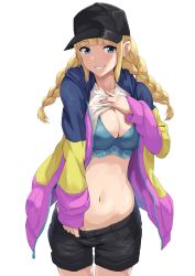Rule 34 | 1girl, baseball cap, black hat, black shorts, blonde hair, blouse, blue bra, blue eyes, blunt bangs, bra, braid, breasts, cleavage, clothes lift, clothes pull, cowboy shot, grin, hat, highres, jacket, lifted by self, long hair, looking at viewer, medium breasts, mikame v2, multicolored clothes, multicolored jacket, navel, paripi koumei, shirt, shirt lift, shorts, shorts pull, sidelocks, simple background, smile, solo, stomach, tsukimi eiko, twin braids, underwear, white background, white shirt