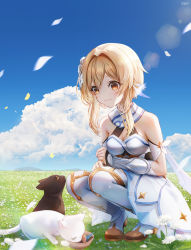 Rule 34 | 1girl, bare shoulders, black cat, blonde hair, blue sky, boots, breasts, cat, cleavage, cloud, commentary, dandelion, dress, feather hair ornament, feathers, flower, full body, gauntlets, genshin impact, gold trim, grass, hair flower, hair ornament, highres, inosia, leaf, looking down, looking up, lumine (genshin impact), medium breasts, outdoors, short hair, short hair with long locks, sidelocks, sky, smile, solo, squatting, thigh boots, thighhighs, white cat, white dress, white flower, white footwear, yellow eyes