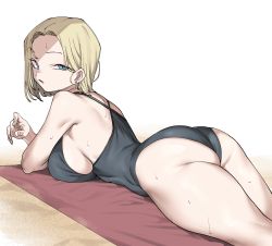 Rule 34 | 1girl, android 18, ass, beach towel, black one-piece swimsuit, blonde hair, blue eyes, breasts, dragon ball, dragonball z, earrings, from behind, highres, jewelry, large breasts, legs together, looking back, narrow waist, one-piece swimsuit, sand, short hair, sideboob, solo, swimsuit, thick thighs, thighs, towel, turning head, urec, wet, white background