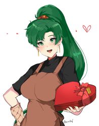 Rule 34 | 1girl, absurdres, apron, blush, breasts, chocolate, fire emblem, fire emblem: the blazing blade, fire emblem heroes, green eyes, green hair, high ponytail, highres, large breasts, long hair, looking at viewer, lyn (fire emblem), nintendo, ormille, ponytail, simple background, smile, solo, white background