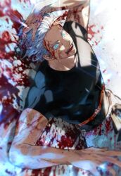 Rule 34 | 1boy, absurdres, black shirt, blood, blood on arm, blood on face, blood on wall, blue eyes, blurry, clothes around waist, cowboy shot, depth of field, dutch angle, evil smile, glowing, glowing eyes, gojou satoru, hair slicked back, hand in own hair, highres, jujutsu kaisen, looking at viewer, male focus, open mouth, shirt, short sleeves, smile, solo, teeth, torn clothes, torn shirt, white hair, yoon (dmsco1803)