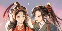 Rule 34 | 2girls, armor, black hair, blush, bridle, brown eyes, bug, butterfly, chinese clothes, chinese commentary, dandelion, falling leaves, flower, hair ribbon, hands on another&#039;s head, hanfu, head chain, helmet, high ponytail, hua xiangyi, huixian97, insect, leaf, lipstick, long hair, long sleeves, looking at another, makeup, multiple girls, outdoors, parted lips, plume, qi zhuyin, qiang jin jiu, red ribbon, red robe, ribbon, robe, smile, wide sleeves, yuri