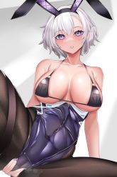 Rule 34 | 1girl, animal ears, arm support, azur lane, bare shoulders, black hairband, black leotard, black pantyhose, blush, breasts, cleavage, collarbone, commentary, covered navel, cowboy shot, fake animal ears, fingernails, grey hair, hair between eyes, hairband, highres, keishi surota, large breasts, leotard, long fingernails, looking at viewer, nail polish, no shirt, official alternate costume, pantyhose, parted hair, parted lips, playboy bunny, purple eyes, purple nails, rabbit ears, reno (azur lane), reno (reno bunnino) (azur lane), short hair, sidelocks, solo, spread pussy under clothes, steam, thigh strap, underboob