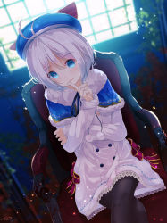 Rule 34 | .live, 1girl, absurdres, animal hat, antenna hair, armchair, beret, black pantyhose, blood, blue capelet, blue eyes, blue hat, blurry, blurry background, blush, capelet, cat hat, chair, chinomaron, commentary request, crossed legs, dennou shoujo siro, depth of field, dress, fur-trimmed capelet, fur trim, hair between eyes, hat, head tilt, highres, index finger raised, long sleeves, looking at viewer, pantyhose, parted lips, pom pom (clothes), signature, silver hair, sitting, smile, solo, virtual youtuber, white dress, window