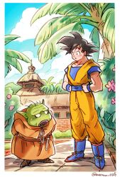 Rule 34 | 2boys, black eyes, black hair, boots, cloud, crossover, dougi, dragon ball, dragon quest, dragon quest viii, dragonball z, full body, highres, looking at another, multiple boys, muscular, muscular male, open mouth, palm tree, short hair, son goku, spiked hair, tree, trode, wakana 0125