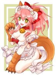 Rule 34 | 1girl, animal ears, animal hands, apron, asymmetrical legwear, bell, blush, breasts, cat hair ornament, cat paws, cleavage, collar, collarbone, commentary request, covered erect nipples, fangs, fate/grand order, fate (series), fox ears, fox tail, gloves, hair ornament, jingle bell, large breasts, long hair, looking at viewer, maid headdress, naked apron, neck bell, open mouth, pastachiiiiin, paw gloves, paw shoes, pink hair, ponytail, seiza, shoes, sitting, solo, tail, tamamo (fate), tamamo cat (fate), tamamo cat (third ascension) (fate), thighhighs, uneven legwear, white thighhighs, yellow eyes