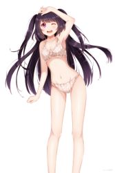 Rule 34 | 1girl, :d, absurdres, bad id, bad pixiv id, black hair, blush, bra, frilled bra, frilled panties, frills, highres, long hair, long legs, miruhi (pixiv12262111), navel, one eye closed, open mouth, panties, polka dot, polka dot bra, polka dot panties, purple eyes, purple hair, simple background, smile, solo, two side up, underwear, underwear only, very long hair, white background