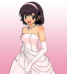 Rule 34 | 1girl, bare shoulders, blush, breasts, brown eyes, brown hair, drawfag, dress, earrings, elbow gloves, female focus, gloves, hairband, happy, jewelry, kami nomi zo shiru sekai, lipstick, makeup, necklace, open mouth, pearl necklace, short hair, simple background, smile, solo, strapless, strapless dress, takahara ayumi, wedding dress