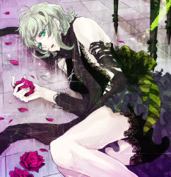 Rule 34 | 1girl, bad id, bad pixiv id, black dress, dress, female focus, flower, gem, green eyes, green hair, gumi, jewelry, just a game (vocaloid), lying, matching hair/eyes, necklace, on side, pearl (gemstone), petals, rose, short hair, solo, tako rii, vocaloid