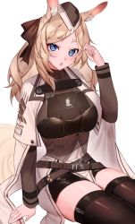 Rule 34 | 1girl, :o, animal ear fluff, animal ears, arknights, black thighhighs, blonde hair, blue eyes, blush, garrison cap, hat, highres, horse ears, horse girl, horse tail, ichibi, long hair, looking at viewer, shorts, simple background, solo, tail, thighhighs, thighs, whislash (arknights), white background