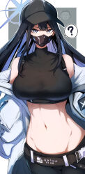 Rule 34 | 1girl, ?, absurdres, doodle sensei (blue archive), bare shoulders, baseball cap, belt, black hair, blue archive, blue eyes, blue hair, border, breasts, coat, colored inner hair, crop top, expressionless, gin moku, groin, hat, highres, large breasts, long hair, looking at viewer, mask, midriff, mouth mask, multicolored hair, navel, open clothes, open coat, outside border, saori (blue archive), sensei (blue archive), sleeveless, sleeveless turtleneck, sleeveless turtleneck crop top, solo, spoken question mark, standing, stomach, turtleneck, turtleneck crop top, two-tone hair, upper body, white border