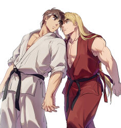 Rule 34 | 2boys, aged down, bara, black hair, blonde hair, couple, eye contact, feet out of frame, headband, heads together, holding hands, interlocked fingers, ken masters, looking at another, male focus, multiple boys, pectoral cleavage, pectorals, ryu (street fighter), short hair, standing, street fighter, toned, toned male, yaoi, yuiofire