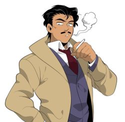 Rule 34 | 1boy, bad id, bad twitter id, black hair, brown coat, cigarette, coat, collared shirt, commentary, cowboy shot, dark-skinned male, dark skin, facial hair, hand in pocket, holding, holding cigarette, jacket, long sleeves, looking at viewer, male focus, meitantei conan, moosopp, mouri kogoro, mustache, necktie, open clothes, open coat, red necktie, shirt, short hair, simple background, smoke, smoking, solo, symbol-only commentary, upper body, white background, white shirt