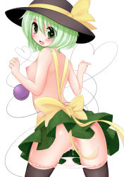Rule 34 | 1girl, apron, ass, back, bakko, bare arms, bare shoulders, black thighhighs, breasts, convenient censoring, green eyes, green hair, hat, heart, heart-shaped pupils, heart of string, komeiji koishi, looking at viewer, looking back, matching hair/eyes, naked apron, nipples, open mouth, panties, panty pull, pussy juice, sideboob, smile, solo, symbol-shaped pupils, thighhighs, third eye, touhou, underwear, white panties