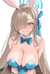 Rule 34 | 1girl, animal ear headwear, animal ears, asuna (blue archive), asuna (bunny) (blue archive), asymmetrical bangs, asymmetrical hair, black pantyhose, blue archive, blue bow, blue bowtie, blue eyes, blue leotard, blue ribbon, blush, bow, bowtie, breasts, cleavage, cowboy shot, detached collar, fake animal ears, grin, hair between eyes, hair over one eye, halo, highleg, highleg leotard, highres, large breasts, leotard, light brown hair, long hair, looking at viewer, mole, mole on breast, official alternate costume, pantyhose, paragasu (parags112), playboy bunny, rabbit ears, ribbon, sideboob, sidelocks, sketch, smile, solo, sweatdrop, very long hair, white background