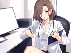 Rule 34 | 1girl, blue eyes, blush, breasts, brown hair, chair, cleavage, collarbone, desk, doctor, earrings, hair over one eye, holding, horosuke, indoors, jewelry, lab coat, monitor, open mouth, original, pen, shirt, short hair, sitting, stethoscope