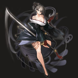 Rule 34 | 1girl, absurdres, akeha (nier reincarnation), assassin, bare shoulders, black footwear, black kimono, breasts, cleavage, commission, earrings, flower tattoo, full body, gloves, grey hair, grey lips, gurimjang, hair bun, hair over one eye, highres, holding, holding smoking pipe, holding sword, holding weapon, japanese clothes, jewelry, kimono, large breasts, leg tattoo, nier (series), nier reincarnation, no bra, obi, ootachi, pixiv commission, red gloves, reverse grip, sash, scabbard, sheath, short hair, short ponytail, shoulder tattoo, single hair bun, smoke, smoking pipe, solo, sword, tattoo, thick thighs, thighs, weapon, white kimono, wide sleeves