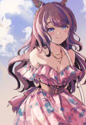 Rule 34 | 1girl, animal ears, arms behind back, bag, bare shoulders, blue eyes, blush, breasts, brown hair, cleavage, closed mouth, cloud, corset, dress, horse ears, jewelry, kobuta (morino kakuri), long hair, looking at viewer, medium breasts, necklace, off-shoulder dress, off shoulder, outdoors, pink dress, shoulder bag, smile, solo, split mouth, tosen jordan (aurore vacances) (umamusume), tosen jordan (umamusume), umamusume