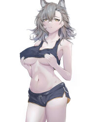 Rule 34 | 1girl, 3 iq tuna, animal ears, arknights, black nails, breasts, brown eyes, clothes lift, cowboy shot, extra ears, grey hair, halterneck, highres, large breasts, mole, mole above eye, mole on forehead, navel, penance (arknights), shirt lift, shorts, white background, wolf ears, wolf girl