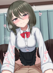 Rule 34 | 1boy, 1girl, black thighhighs, blush, bow, bowtie, buttons, closed mouth, clothed male nude female, clothed sex, collared shirt, cowgirl position, green hair, hair between eyes, heart, hetero, highres, indoors, long sleeves, looking at viewer, motion lines, nude, original, pleated skirt, pov, red bow, red bowtie, red eyes, sex, shirt, skirt, solo focus, squatting cowgirl position, straddling, thighhighs, wavy mouth, white shirt, yakob labo