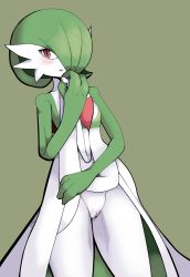 Rule 34 | 1girl, blush, cleft of venus, collarbone, colored skin, cowboy shot, creatures (company), embarrassed, female focus, game freak, gardevoir, gen 3 pokemon, green background, green hair, green skin, hair over one eye, half-closed eyes, hand up, highres, holding, lifted by self, looking at viewer, multicolored skin, nintendo, open mouth, pokemon, pokemon (creature), pussy, red eyes, ruishin, short hair, shy, simple background, solo, standing, two-tone skin, uncensored, white skin