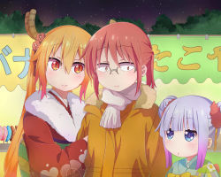 Rule 34 | 3girls, blush, closed mouth, dragon girl, glasses, highres, kanna kamui, kobayashi-san chi no maidragon, kobayashi (maidragon), kukie-nyan, long hair, looking at another, multicolored hair, multiple girls, orange hair, parted lips, ponytail, purple hair, red eyes, red hair, short hair, short ponytail, silver hair, smile, tohru (maidragon), twintails, two-tone hair