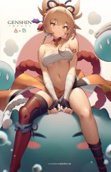 Rule 34 | 1girl, absurdres, armor, bandaged arm, bandages, bare shoulders, between legs, bilibili xiaolu, black gloves, black thighhighs, blonde hair, blush, breasts, brown eyes, budget sarashi, chest sarashi, chinese commentary, choker, closed mouth, collarbone, commentary request, copyright name, feet out of frame, fingerless gloves, genshin impact, gloves, greaves, hair ornament, head tilt, highres, medium breasts, midriff, navel, pointy hair, ponytail, red choker, revealing clothes, sarashi, shin guards, single thighhigh, sitting, slime (genshin impact), smile, solo, stomach, thighhighs, thighs, yoimiya (genshin impact)