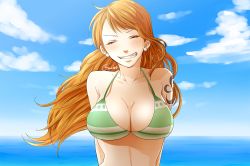 Rule 34 | 1girl, blush, breasts, cleavage, cloud, closed eyes, grin, large breasts, long hair, nami (one piece), ocean, one piece, orange hair, sky, smile, solo, swimsuit, tagme, tattoo, upper body