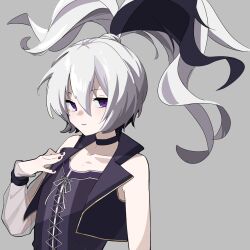 Rule 34 | 1girl, arm at side, bare shoulders, black choker, black hair, choker, collarbone, commentary, corset, cross-laced clothes, cross-laced corset, detached sleeves, flower (vocaloid), flower (vocaloid3), grey background, hair between eyes, hand on own chest, high ponytail, highres, long hair, looking at viewer, multicolored hair, nail polish, parted lips, ponytail, purple corset, purple eyes, purple nails, purple vest, quraqura nemii, ribbon, see-through, see-through sleeves, streaked hair, vest, vocaloid, white hair, white ribbon
