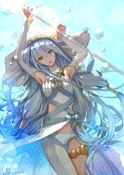 Rule 34 | 1girl, azura (fire emblem), bad id, bad twitter id, blue hair, breasts, cleavage, dress, elbow gloves, fire emblem, fire emblem fates, gloves, hair ornament, headdress, holding, kero sweet, long hair, looking at viewer, nintendo, open mouth, panties, pantyshot, small breasts, solo, staff, thighhighs, underwear, water, yellow eyes