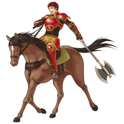Rule 34 | 1boy, armor, axe, fire emblem, fire emblem: path of radiance, highres, holding, holding weapon, horse, kieran, kita senri, looking at viewer, male focus, nintendo, official art, open mouth, pauldrons, red armor, red eyes, red hair, riding, shoulder armor, simple background, solo, weapon, white background