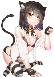 Rule 34 | 1girl, absurdres, all fours, animal ear fluff, animal ears, arched back, bad id, bad twitter id, bare shoulders, bell, black bow, black bowtie, black bra, black gloves, black hair, black panties, bow, bowtie, bra, breasts, cat ears, cat girl, cat tail, cleavage, collarbone, extra ears, fingerless gloves, gloves, hair ornament, hairclip, hand up, highres, jingle bell, looking at viewer, medium breasts, no pants, no shoes, off shoulder, open clothes, open shirt, original, panties, paw pose, shirt, short hair, sidelocks, simple background, smile, solo, striped bow, striped bowtie, striped clothes, striped neckwear, striped thighhighs, sunhyun, tail, thighhighs, underwear, white background, white shirt, yellow eyes